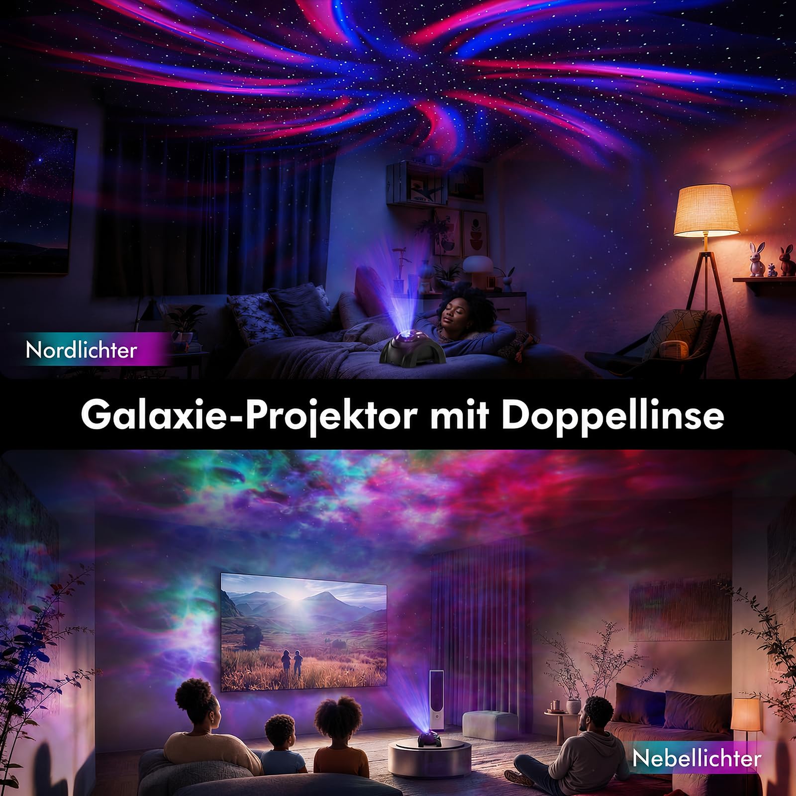 PRANITE Sternenhimmel-Projektor, Star Projector for Bedroom with 58 Light Effects,Dual Lens Night Light Projector with White Noise & Bluetooth Speaker, Remote Timer, Room Decor Gift for Kids Adults