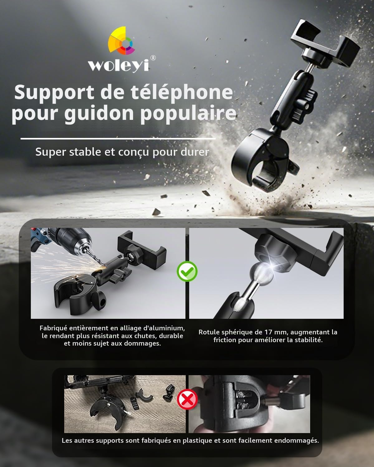 Support Téléphone Scooter en Métal - [Stable, Ne Tombe Pas] | Support Téléphone Trottinette Electrique Boot Moto avec Bras en Aluminium pour 4-7", iPhone 17 16 15 Pro Max Plus, Pixel, etc