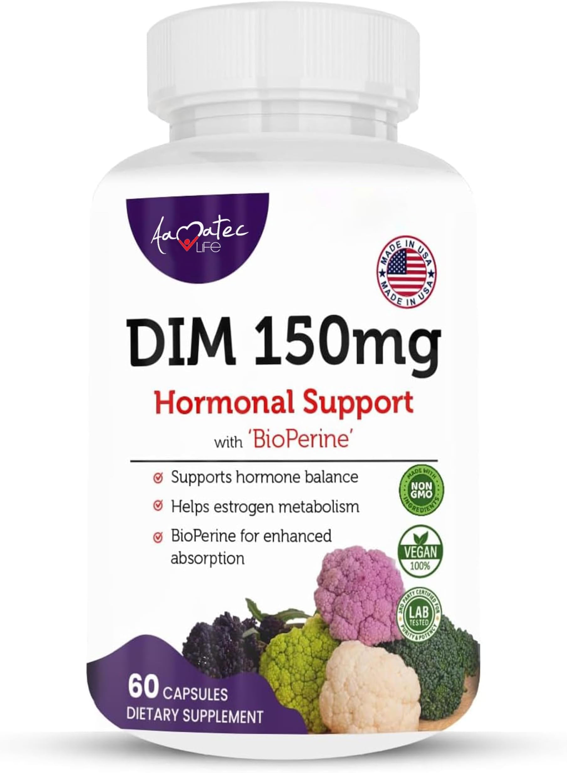 Amate Life Women’s DIM Complex 150mg - Bioperine Estrogen Balancing Pills for Menopause & Hot Flashes Relief Support Hormonal Acne Powerful Supplement - 60 Capsules - Made in USA