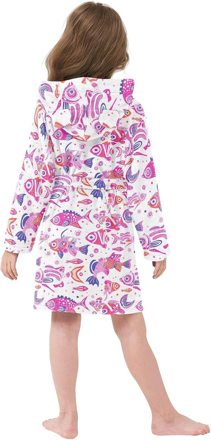 senya Pink Indian Fish Toddler Hooded Bathrobe Kids Soft Plush Bath Towel Robes for Boys Girls 2-12 Years