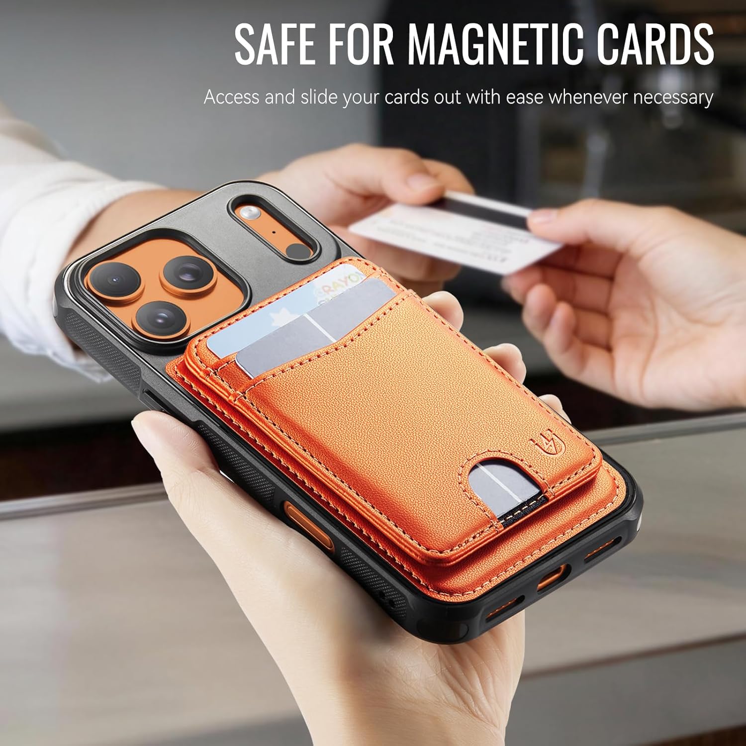 for iPhone 17 Pro Case Wallet Compatible with Magsafe, Strong Magnet Slim Magnetic Wallet RFID Blocking Card Holder Stick on Phones and Cases, Orange