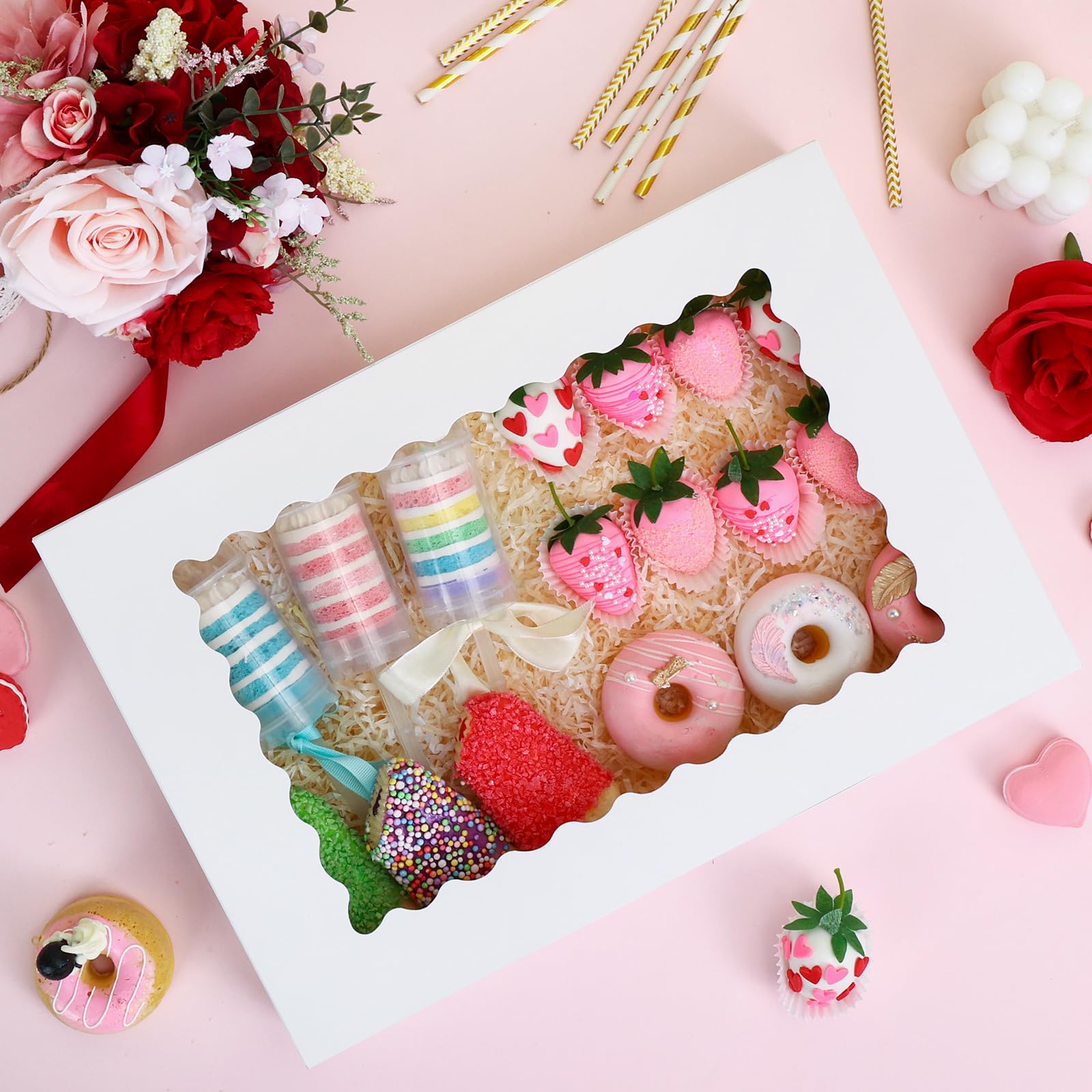 Tomnk 25 cajas de panadería grandes de 40,6 x 28,3 x 6,3 cm, cajas de galletas blancas con ventana, para 12 donas de postre para pasteles, chocolate, fresas, magdalenas, donas y recuerdos de fiesta