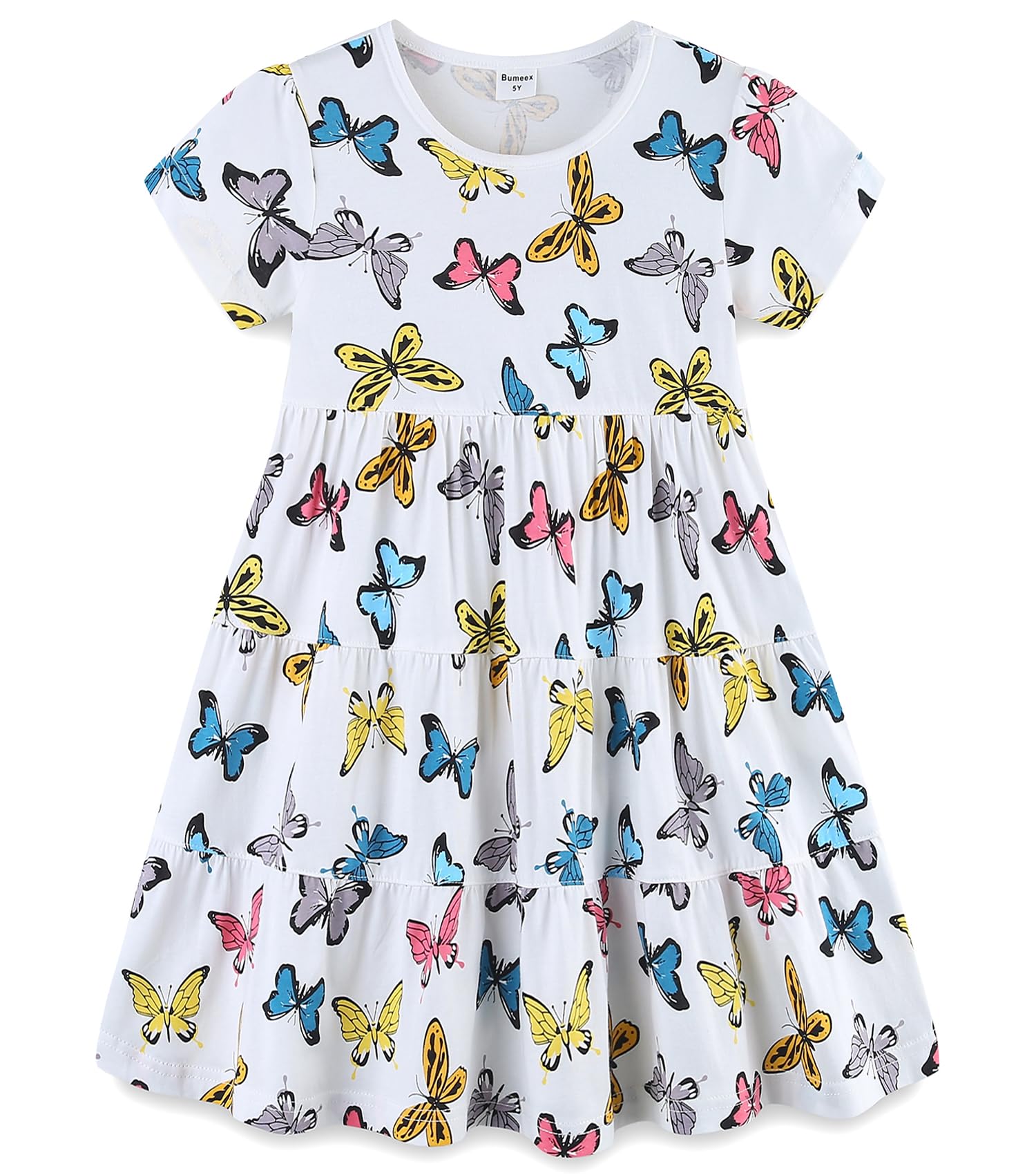 Bumeex Girl's Dresses Cotton Ruffle Sleeve Tiered Swing A-Line Cute Midi Casual Sundress