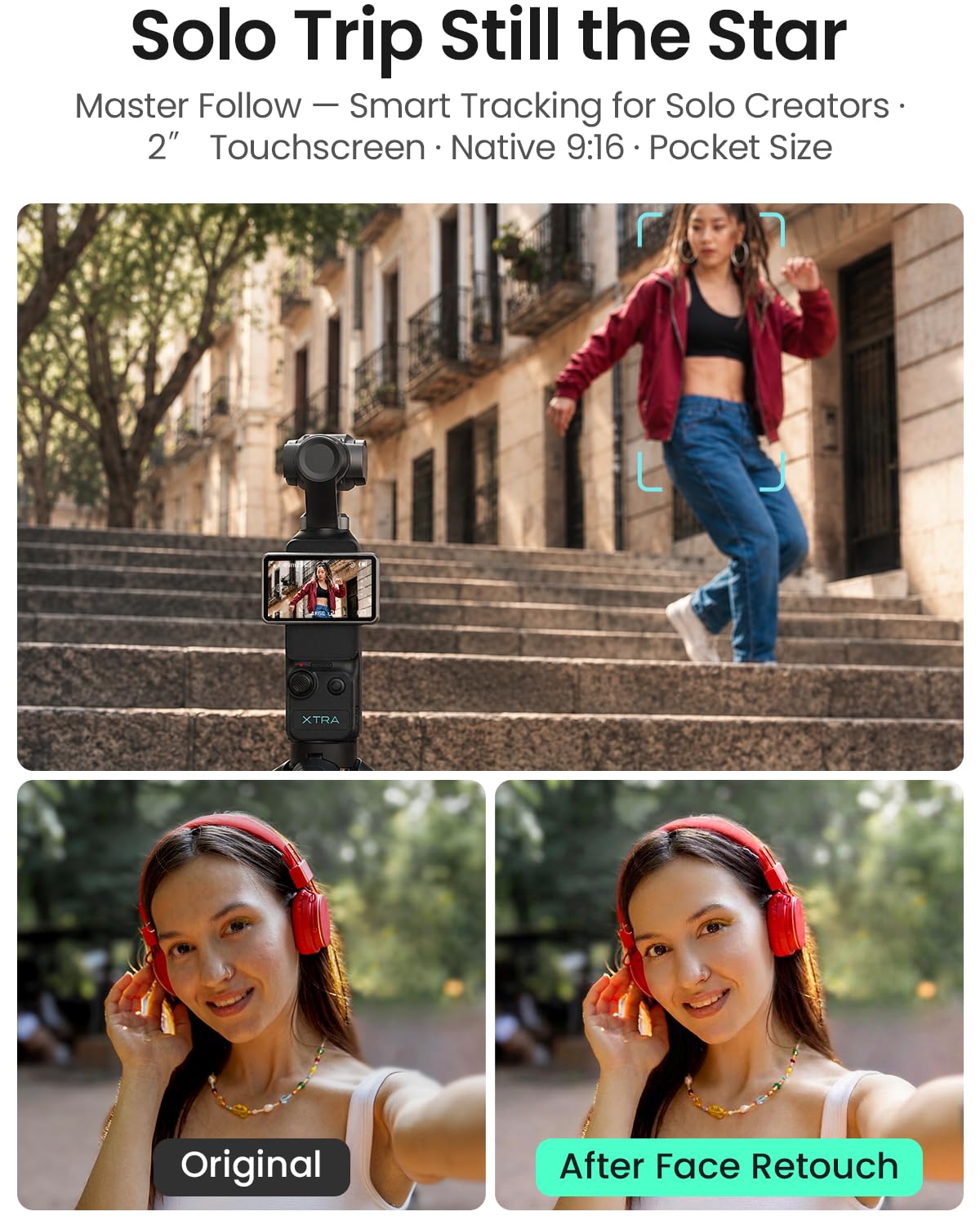 Xtra Muse con mini treppiede combo, fotocamera Vlogging con CMOS da 1 '' e video 4K/120fps, fotocamera tascabile con stabilizzatore cardanico a 3 assi, messa a fuoco rapida, videocamera digitale per