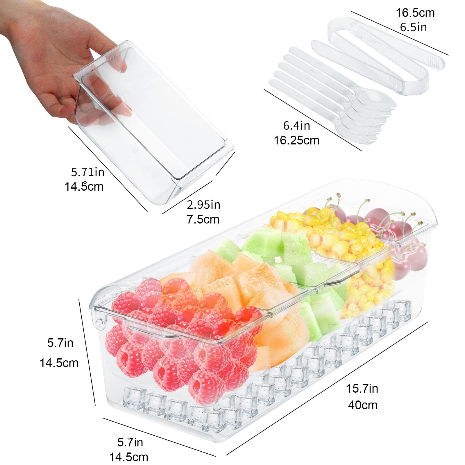 Kühle Genüsse - Ice Bar Set mit 5 Einsätzen, 5 Löffeln und 2 Zangen - Cocktailparty, Bar, Buffet - Pizza, Obst - BPA-frei, leicht zu reinigen - Großer Kapazität, Serviertablett für Obst