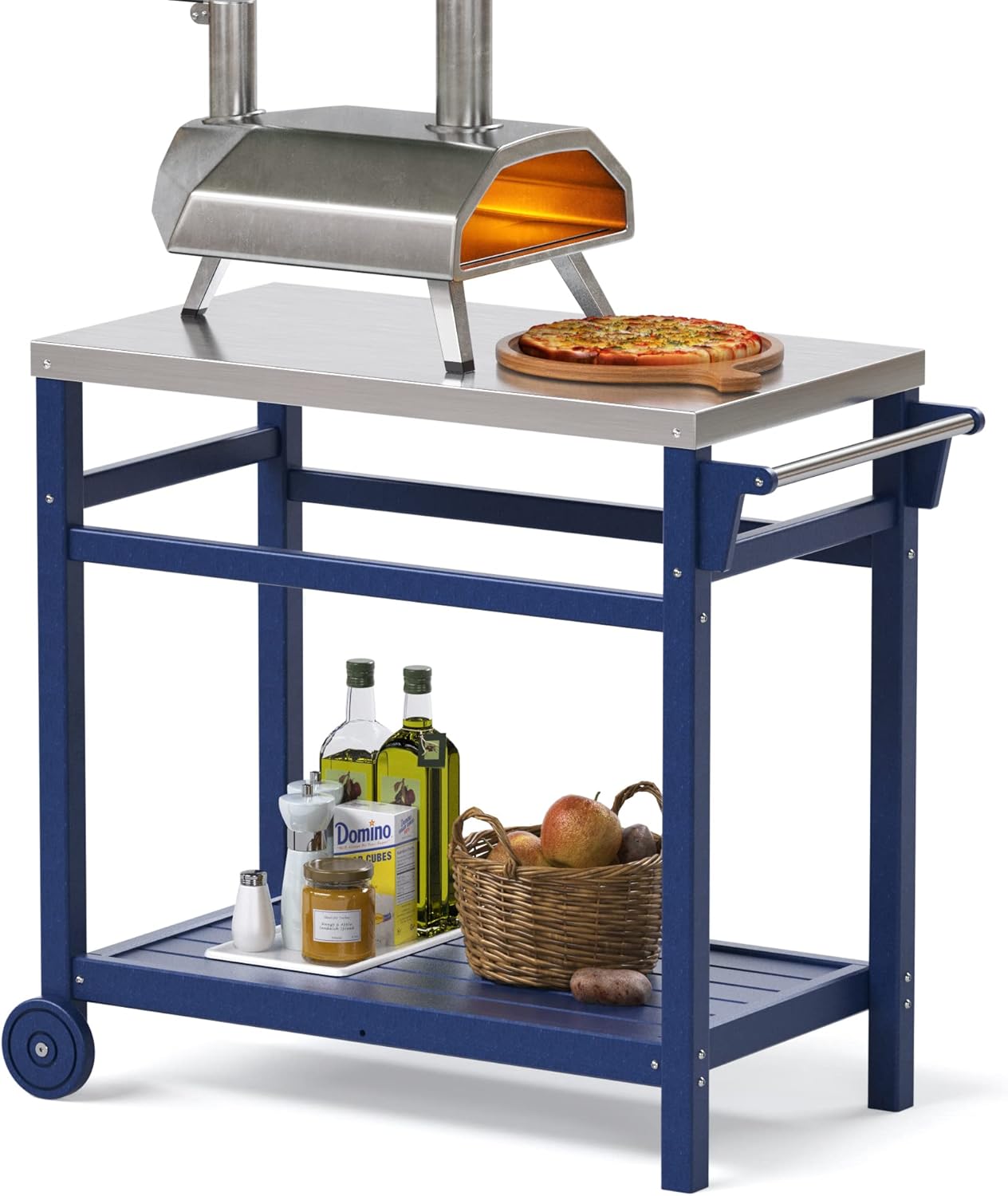 KORVOS Portable Outdoor Grill Cart with HDPE Legs,Stainless Steel Top&Double-Shelf Storage for BBQ Prep Table，A Long-Lasting Dining Cart Suitable for Outdoor&Indoor Use, Navy Blue