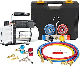 3.5CFM 1/4HP Single Stage Vacuum Pump and 4-Way Manifold Gauge Set for R410A, R22, R134A, R404A Refrigerants for HVAC Air Conditioning Refrigeration Recharging and Maintenance, Without Oil