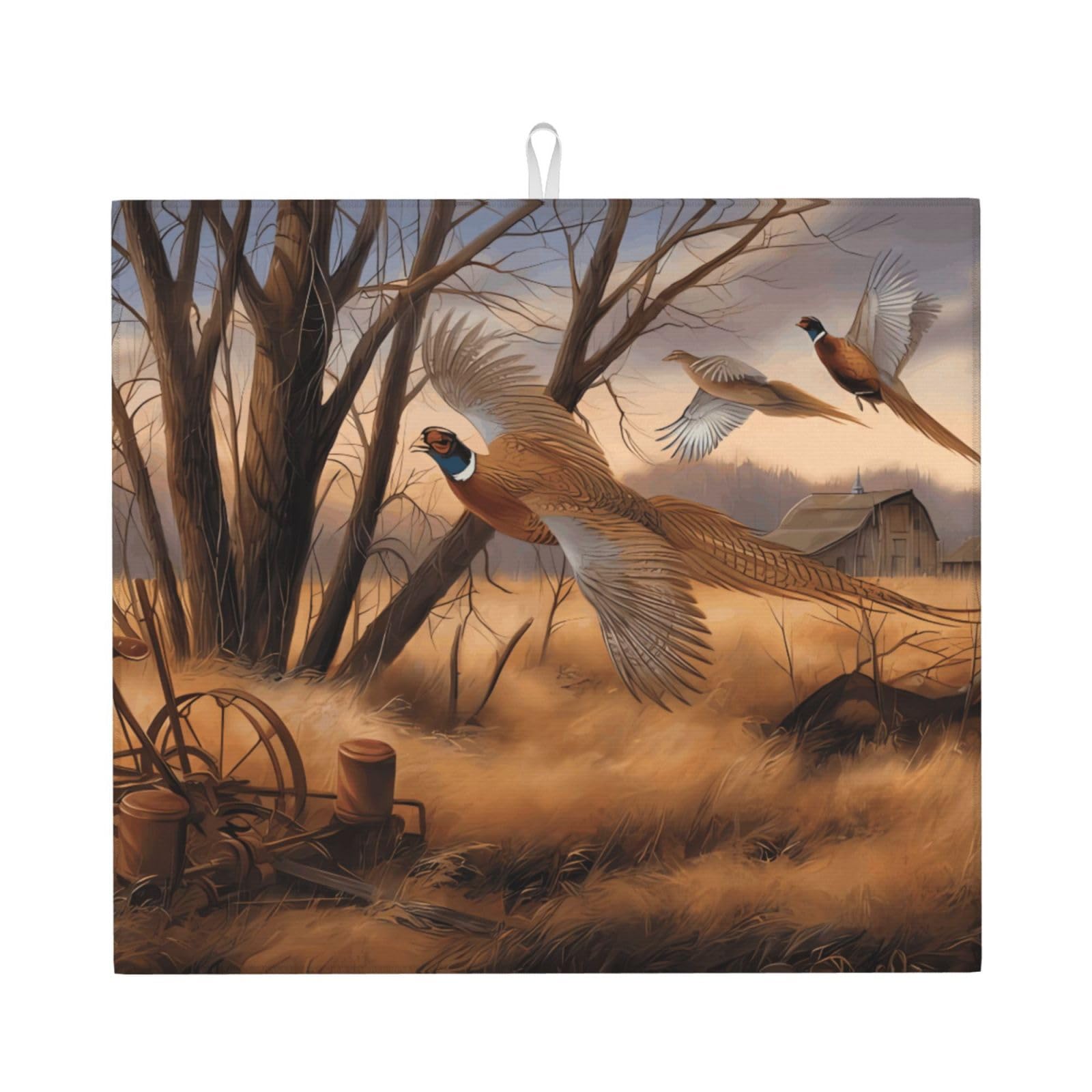 WHJDPP pheasant hunting Prints Kitchen Drying Mat - Absorbent Dish Drying Throw with Colorful Prints, Quick-Dry Countertop Layer for Dishes & Appliances - Non-Slip & Foldable