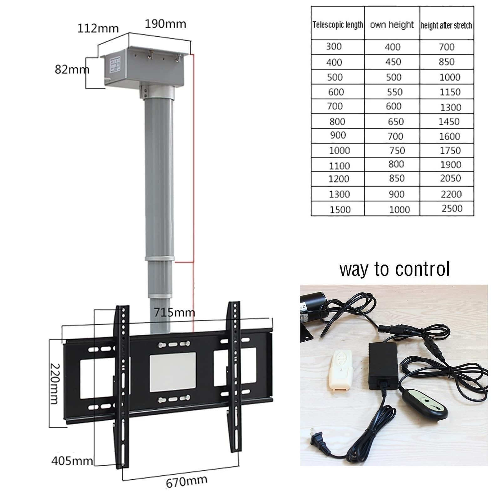 Supporto TV Da Soffitto Regolabile, Supporto TV Motorizzato Con Telecomando, Sollevamento TV Con Rotazione Manuale A 360°, Sollevamento TV Elettrico Telescopico Con Sollevamento Automatico(50cm)
