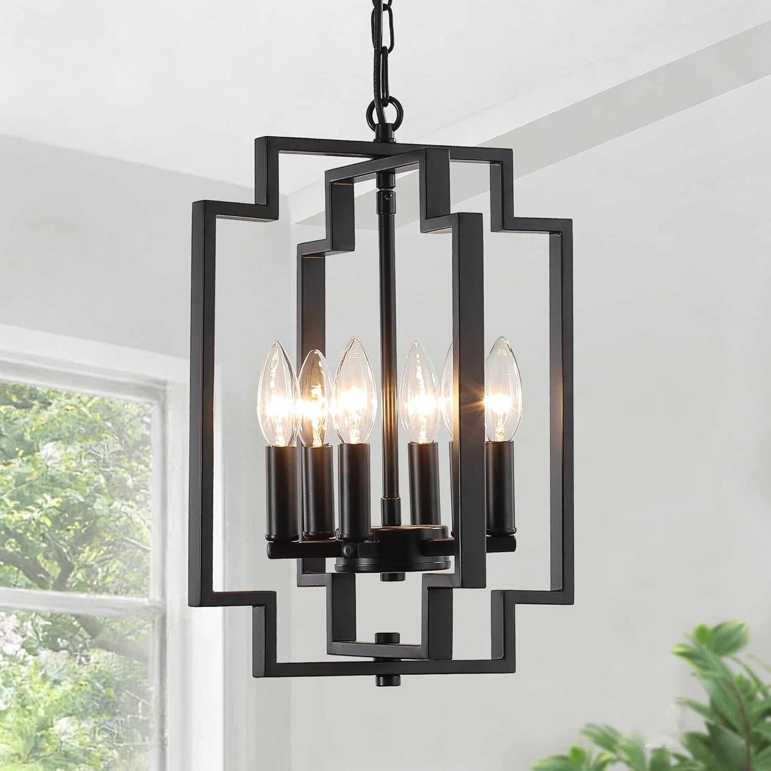 Small Black Chandelier 6-Light, Farmhouse Modern Chandelier for Dining Room, Rustic Kitchen Island Metal Pendant Hanging, Adjustable Geometric Foyer Light Fixtures for Hallway Entryway Living Room