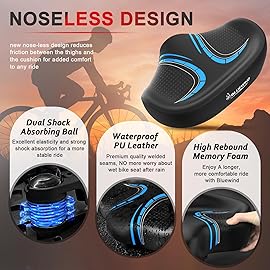 BLUEWIND New Noseless Oversized Bike Seat, Wide Bicycle Saddle Novel Backrest Design for Electric Bike, Universal Fit Exercise Bike or Road Stationary Bike Seat Cushion for Men & Women (BLUE)