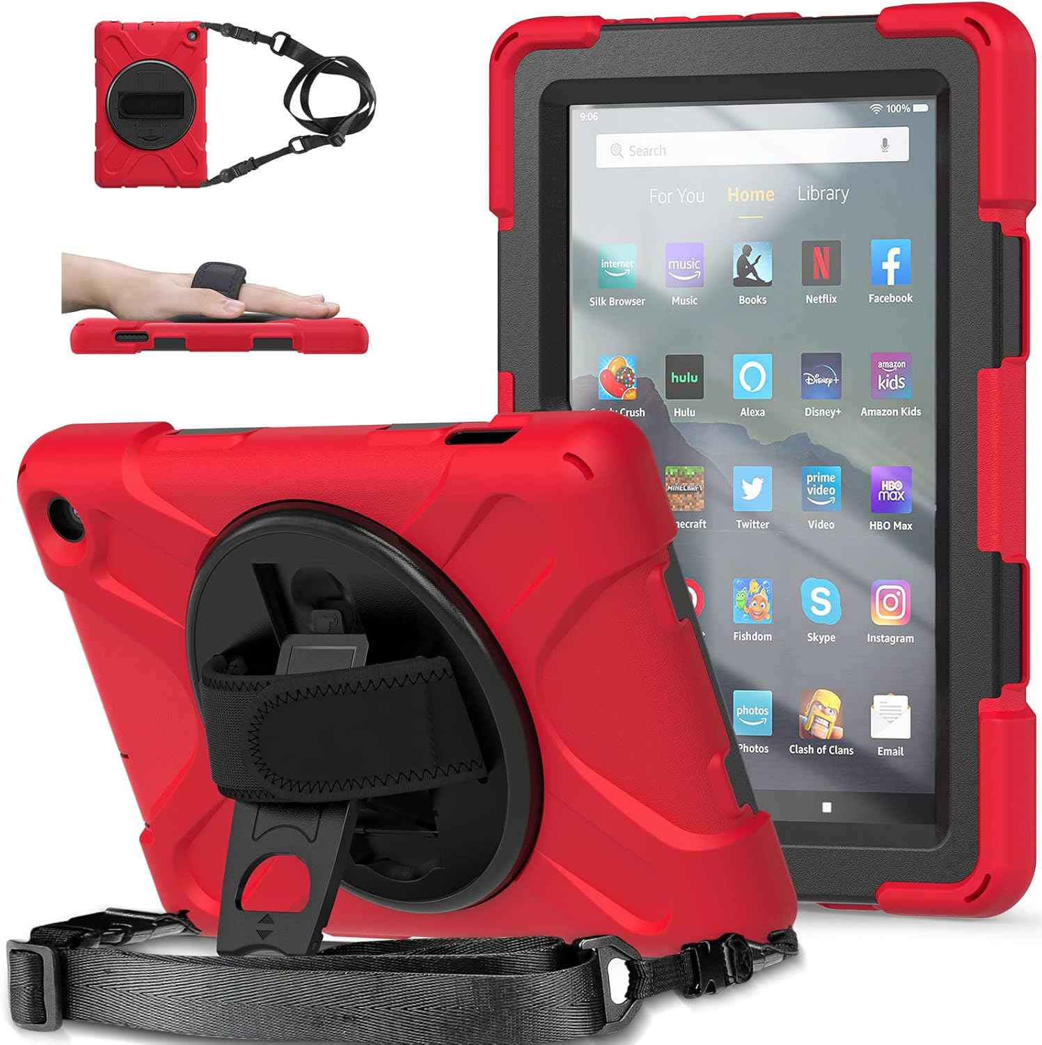 360 Rotatable case for Fire7 2022 (12th Generation 7 '' ),Detachable Shoulder Strap/Hand Strap/Rotating Kickstand Shockproof dustproof Sturdy Protective case (Fire7 2022, Red)