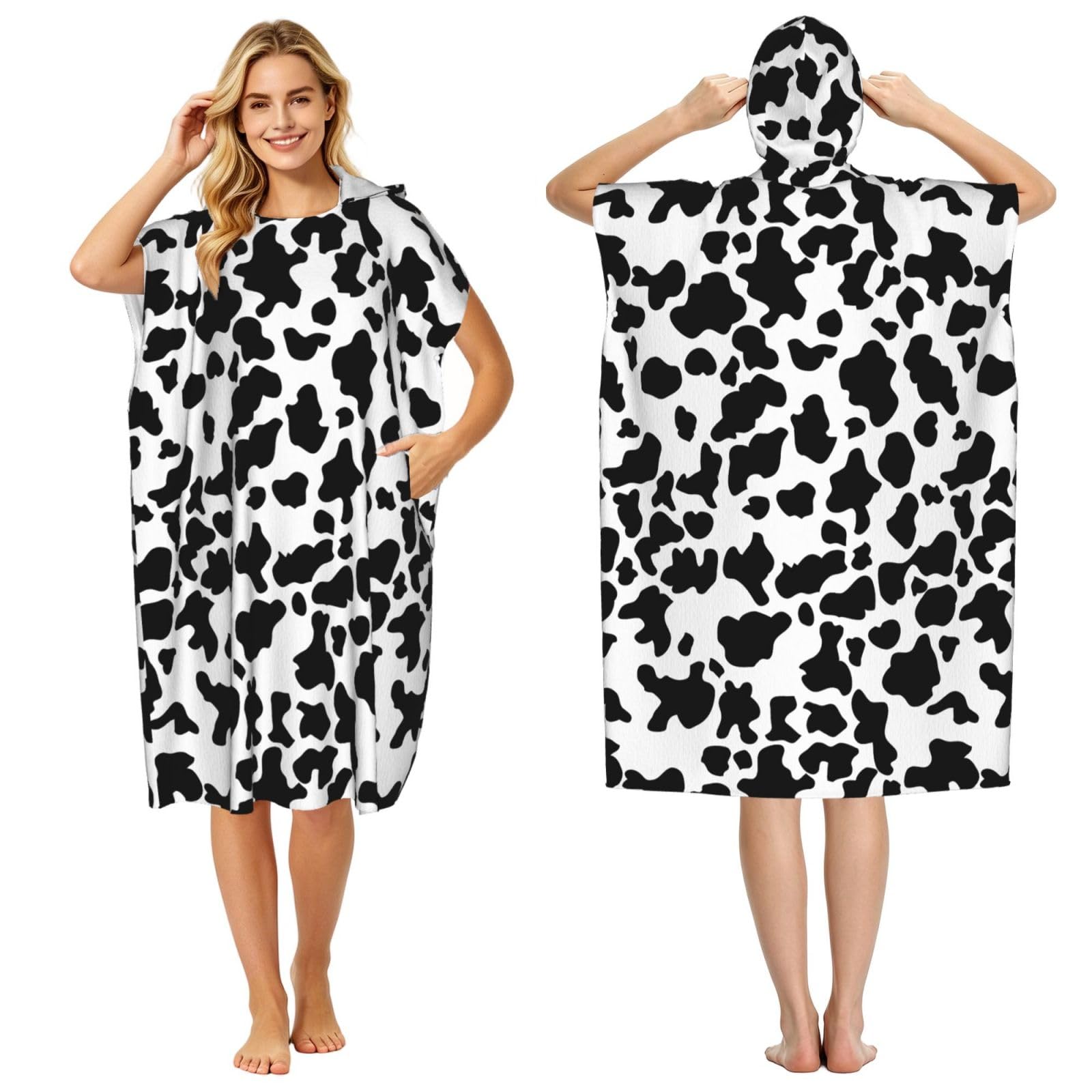 Poadnly Cow Pattern, Adult Hooded Beach Towel 90 x 110 cm,Changing Bath Robe, Surf Poncho Towel For Women Men