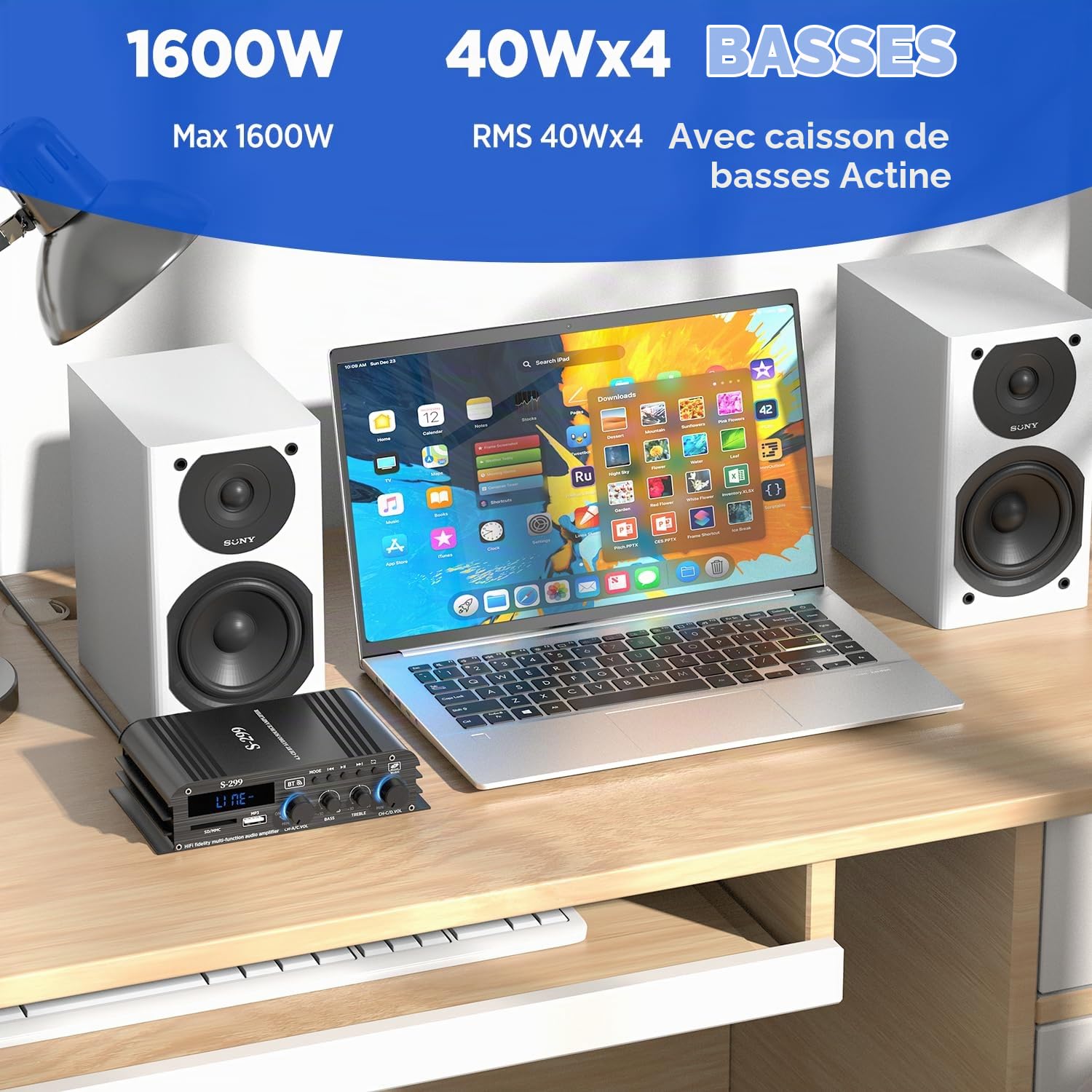 1600W Amplificateur hifi Bluetooth 5.0, 40W x 4 +Caisson de basses actif | 4,1 CH Ampli Voiture Home Cinema Amplificateur de son Avec TF/USB Récepteur pour Mobile Maison Chambre