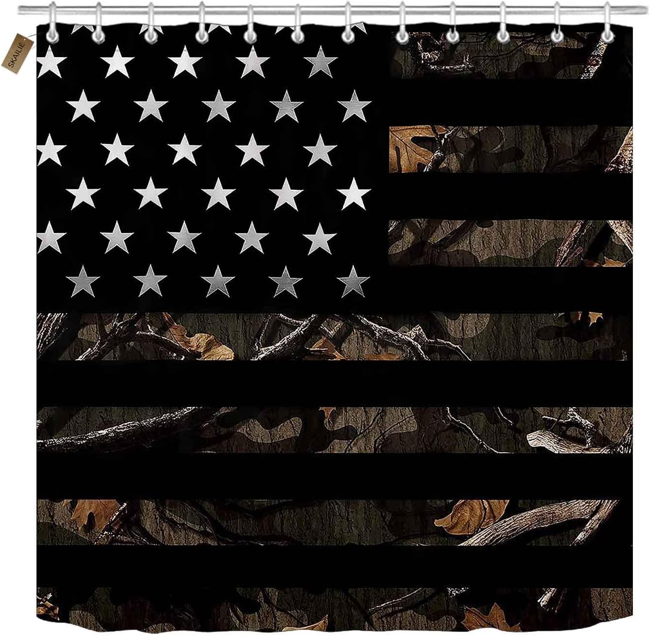 4PCS Camo Black American Flag Shower Curtain Set, Camouflage USA Flag Woodland Forest Hunting Cabin Country Rustic Farmhouse Bathroom Decor, Waterproof Fabric Shower Curtain, Non-slip Bath Mat