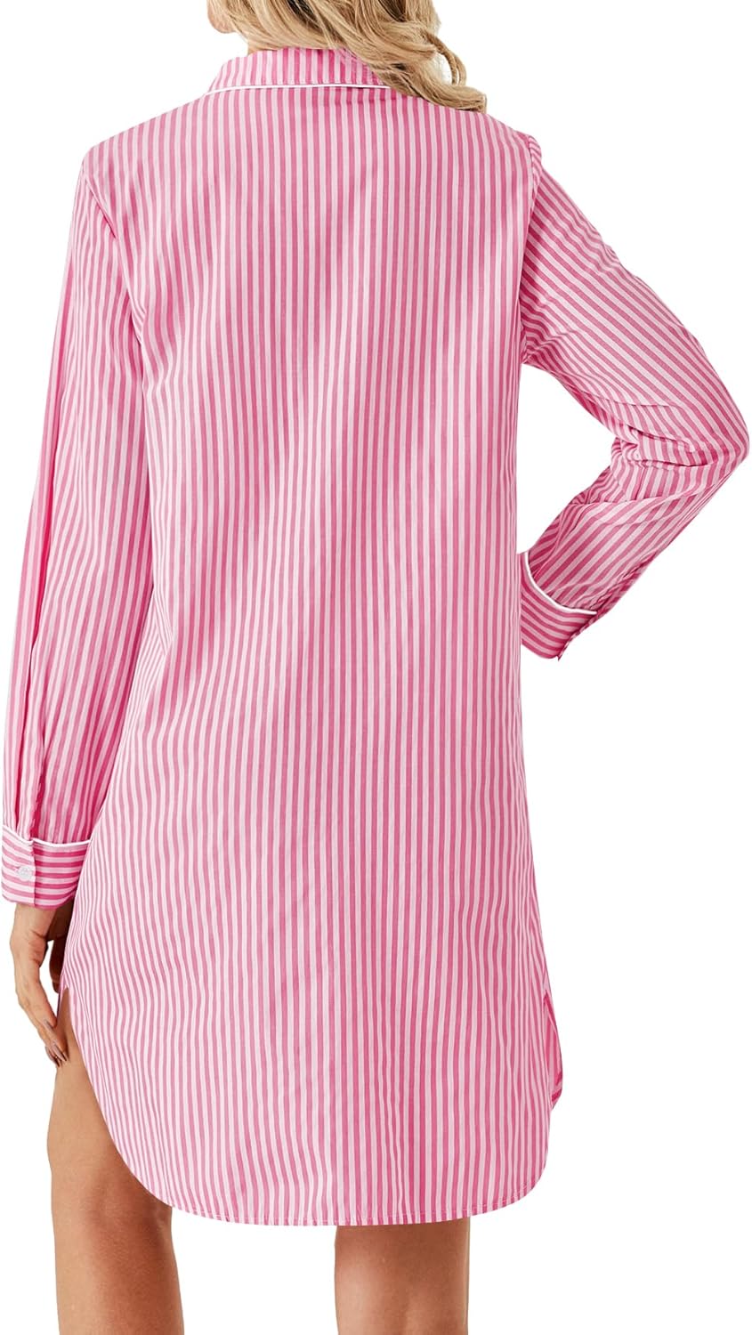Vrtige Women's Cotton Striped Nightgown Collar V Neck Long Sleeve Button Down Nightwear Top Sleep Shirts Nightdress - Image 2