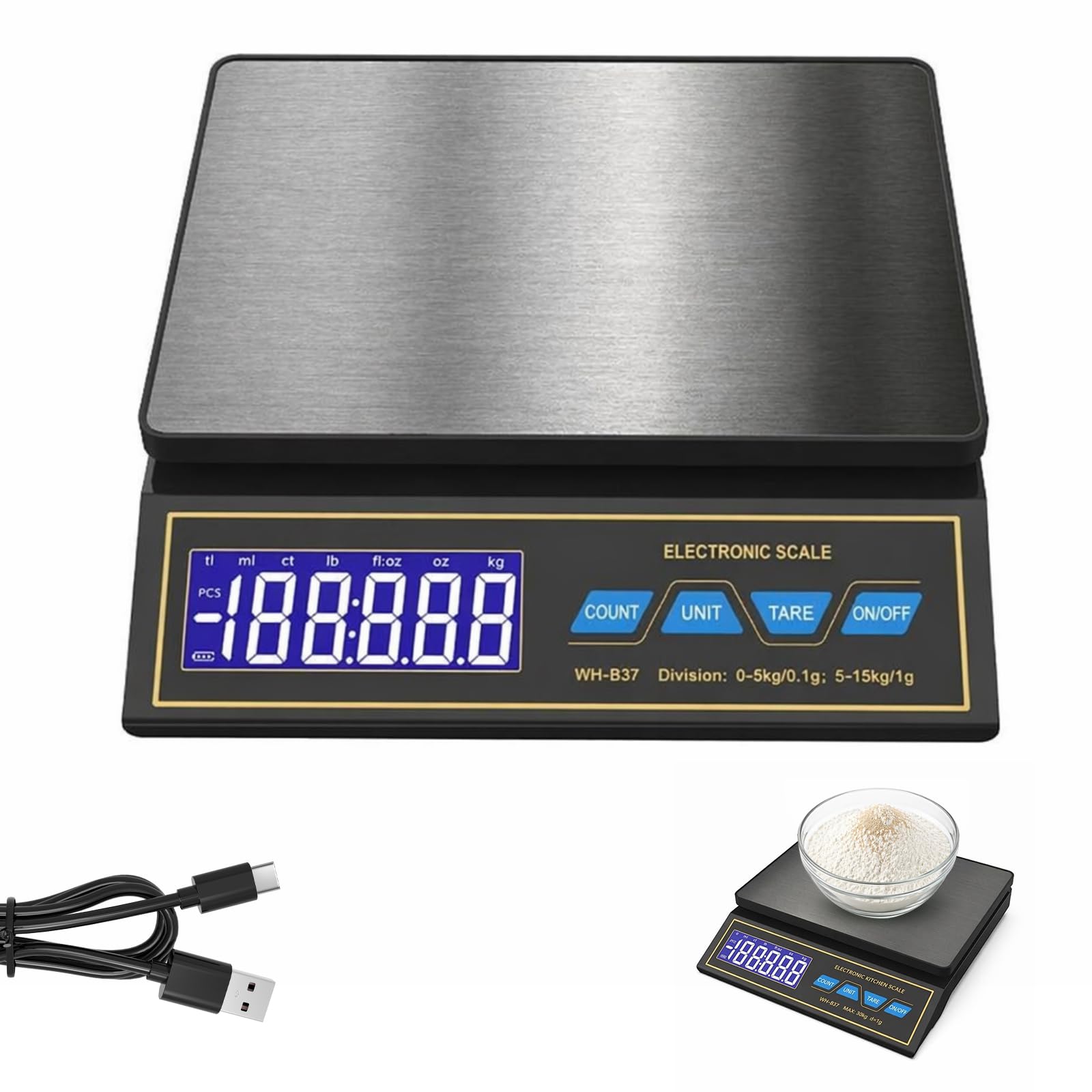 Balance de cuisine numérique 30 kg/0,1 g, précision en acier inoxydable avec comptage PCS et tare, 9 unités de mesure, arrêt automatique, USB-C rechargeable pour balance à café, viande, pâtisserie