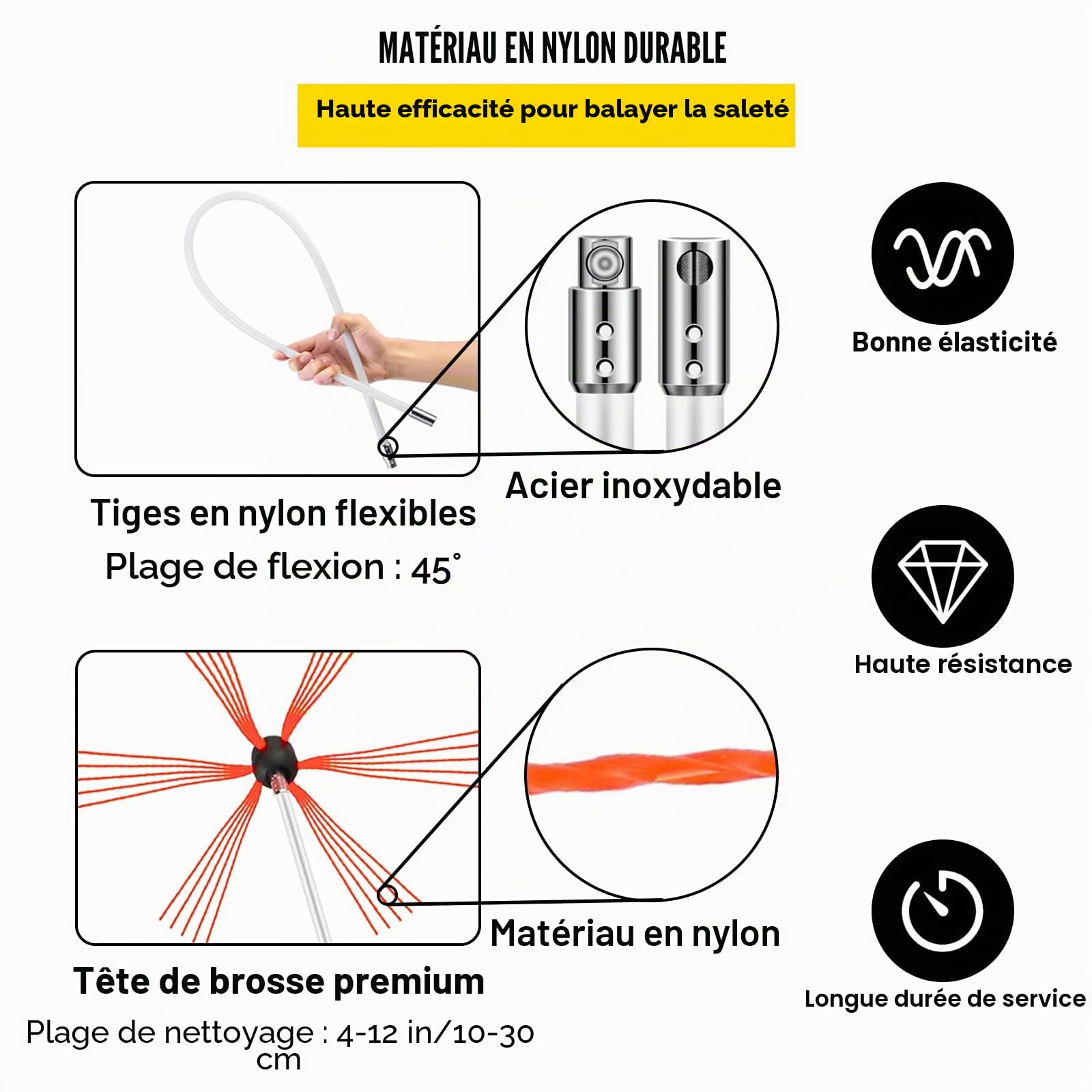 VEVOR Brosse de Cheminée de 8 Mètres Kit de Ramonage avec Une tête de Bross Supplémentaire en Nylon pour Poêle à Pellet pour Nettoyer Cheminées en Métal ou en Brique