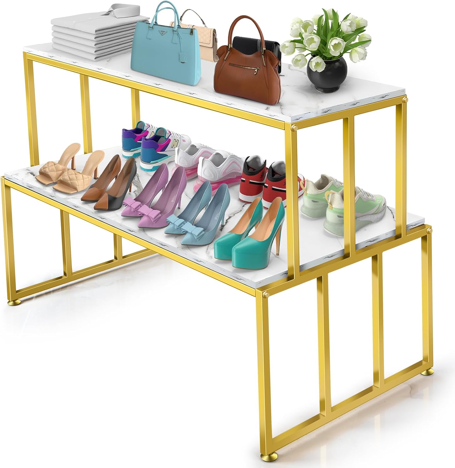 2 Tier Retail Display Table for Shoes & Handbags, Gold Metal and Wood Boutique Display Stand, Heavy Duty Display Riser Shelf for Clothing Stores, Vendor Events, Showroom & Home, 45.2"