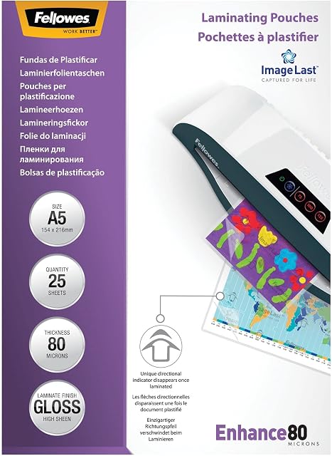 Fellowes A5 Laminating Pouches, Gloss Finish, 25 Sheets, 160 Micron (2 x 80 Micron) High Quality Finish with Image Last Directional Quality Mark - Ideal for Photos and Notices