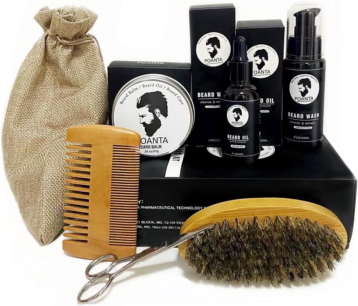 7 PCS Beard Oil Beard Growth Kit with Beard Brush For Men,100% Natural Beard Balm Beard Wash Beard Conditioner Grooming and Trimming Kit Perfect Men Gifts for Dad Brothers Husband Sons