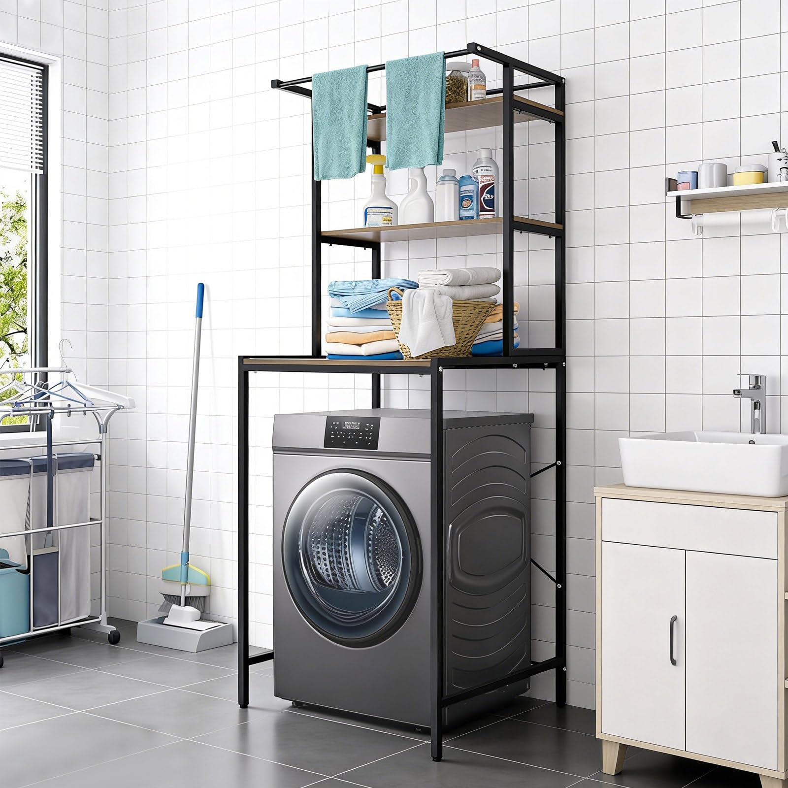Étagère de Salle de Bain à 3 Niveaux - 69 x 60 x 176,5 cm - Support Noir - Étagère en chêne Antique - Étagère pour Machine à Laver et sèche-Linge - Support Peu encombrant