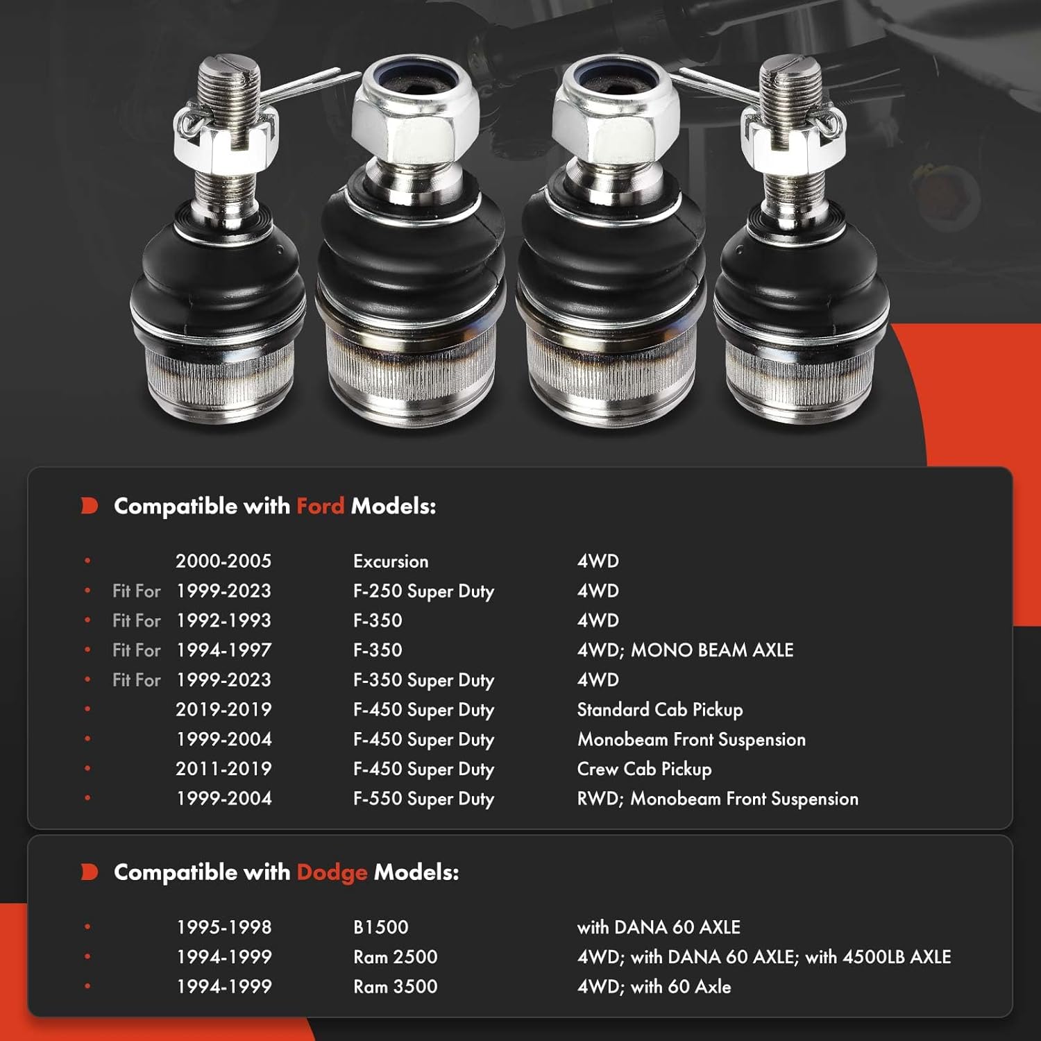 A-Premium Set of 4, Front Upper & Lower Ball Joints Kit, Compatible with Ford F-350 1992-1997, F-250 F-450 F-550 Super Duty, Excursion & Dodge Ram 2500 3500, B1500