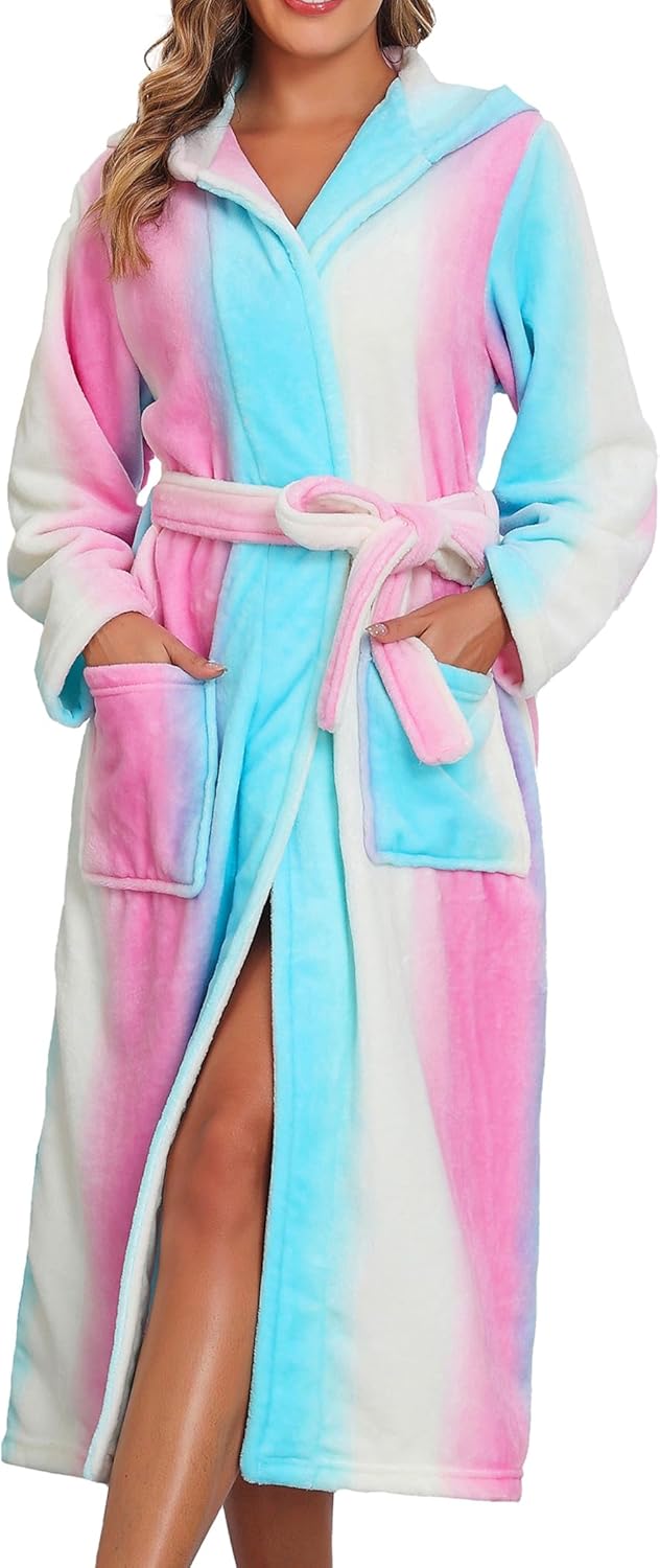 Women's Robe Fleece Hooded Bathrobe Long Thick Nightgown With Pockets Comfy Soft Bathrobes S-XXL - Amazon product rated Grade B