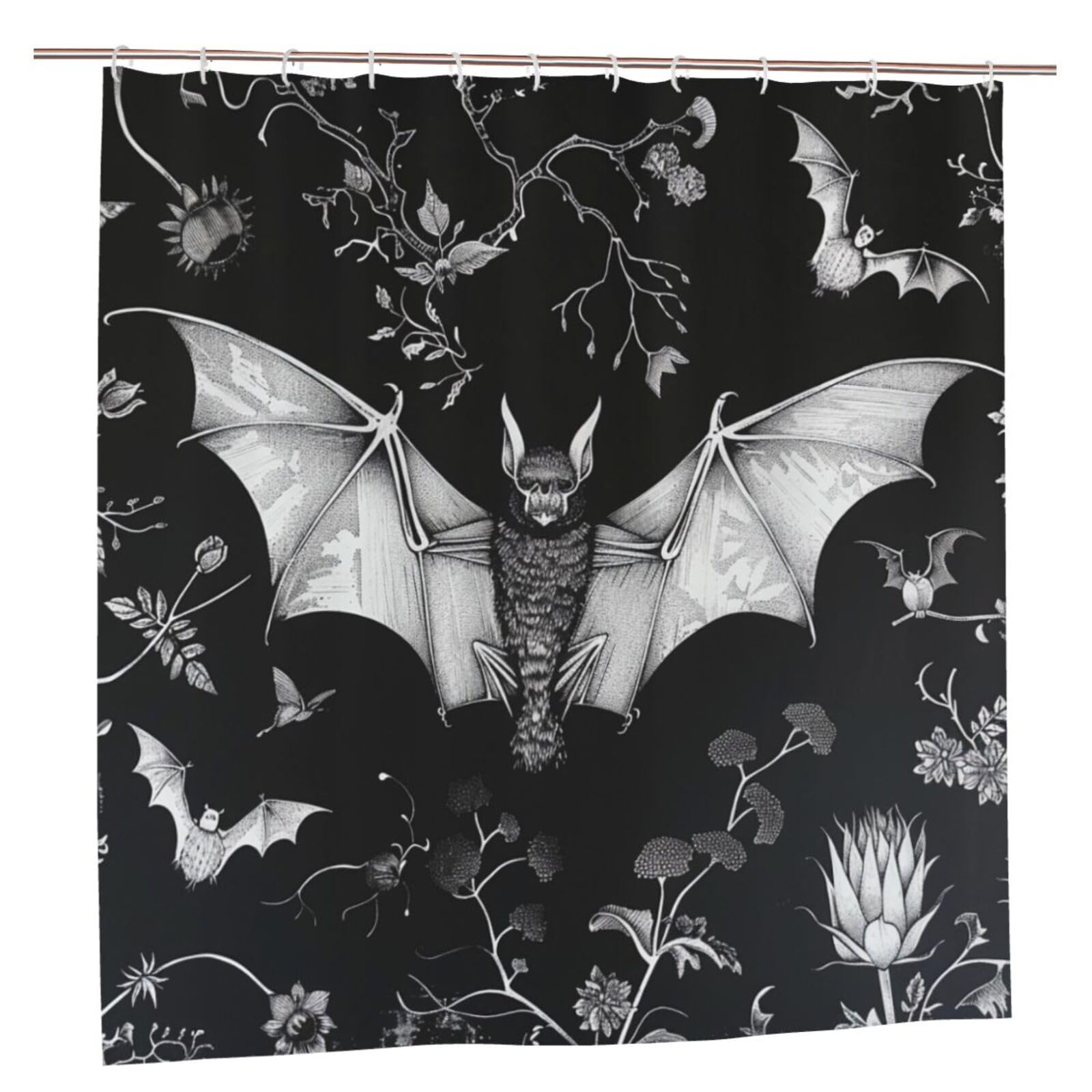 BWWHCCTI Bat Print Printed Shower Curtain With 12 Plastic Hooks Opaque Quick Drying Waterproof Shower Curtains Sets For Bathroom 183x183 CM