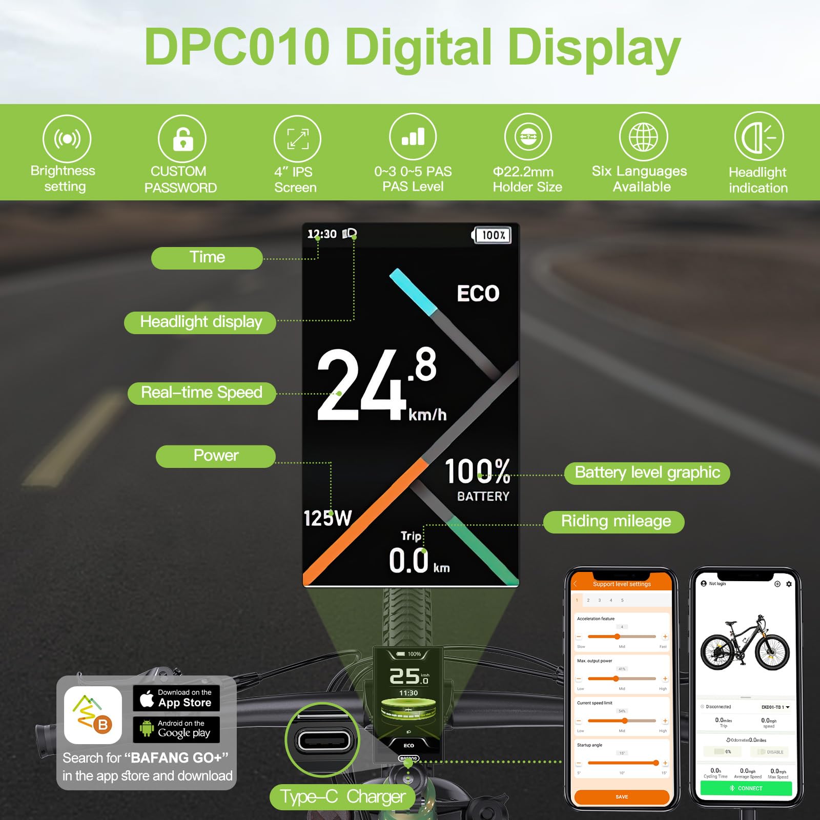 Pantalla BAFANG DPC010 : Compatible con motores centrales M200 M400 M500 M600 M620 y con las versiones más recientes de los kits de motor BBS01B, BBS02B y BBS-HD con protocolo CAN (conector triangular