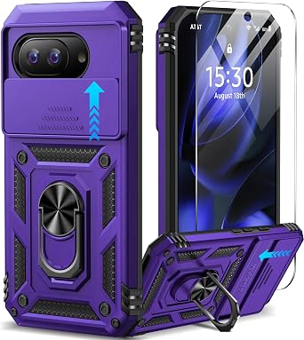 Taisairu for Google Pixel 9A Case with Screen Protector & Slide Camera Lens Cover, Built-in 360Rotate Magnetic Ring Stand Shockproof Protective Phone Case for Google Pixel 9A Case Purple