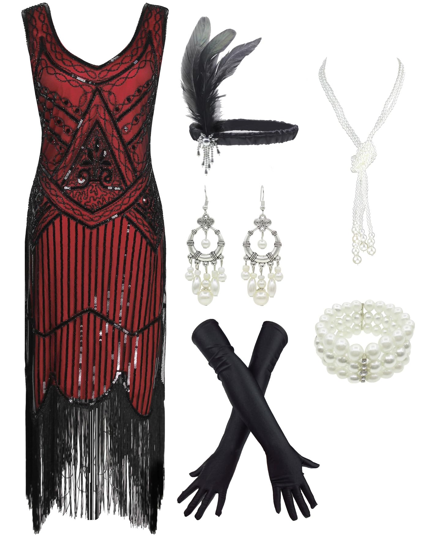 1920s Gatsby Sequin Fringed Paisley Flapper Dress with 20s Accessories Set