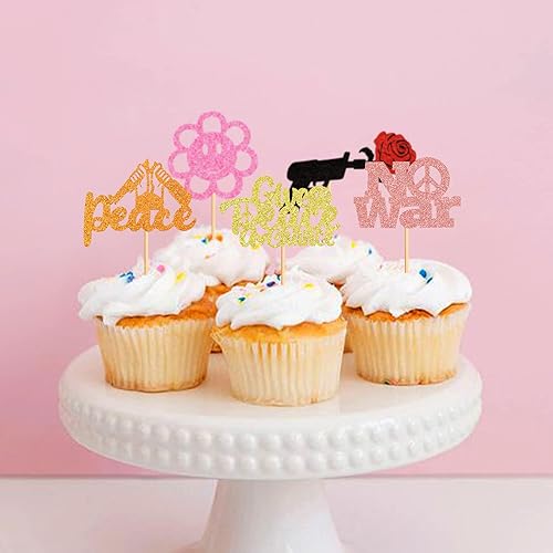 Miniatura 5 de Ercadio Paquete de 24 adornos para cupcakes de mano con diseño de símbolo de la paz con purpurina dorada para cupcakes de 2 cumpleaños para 2 fiesta
