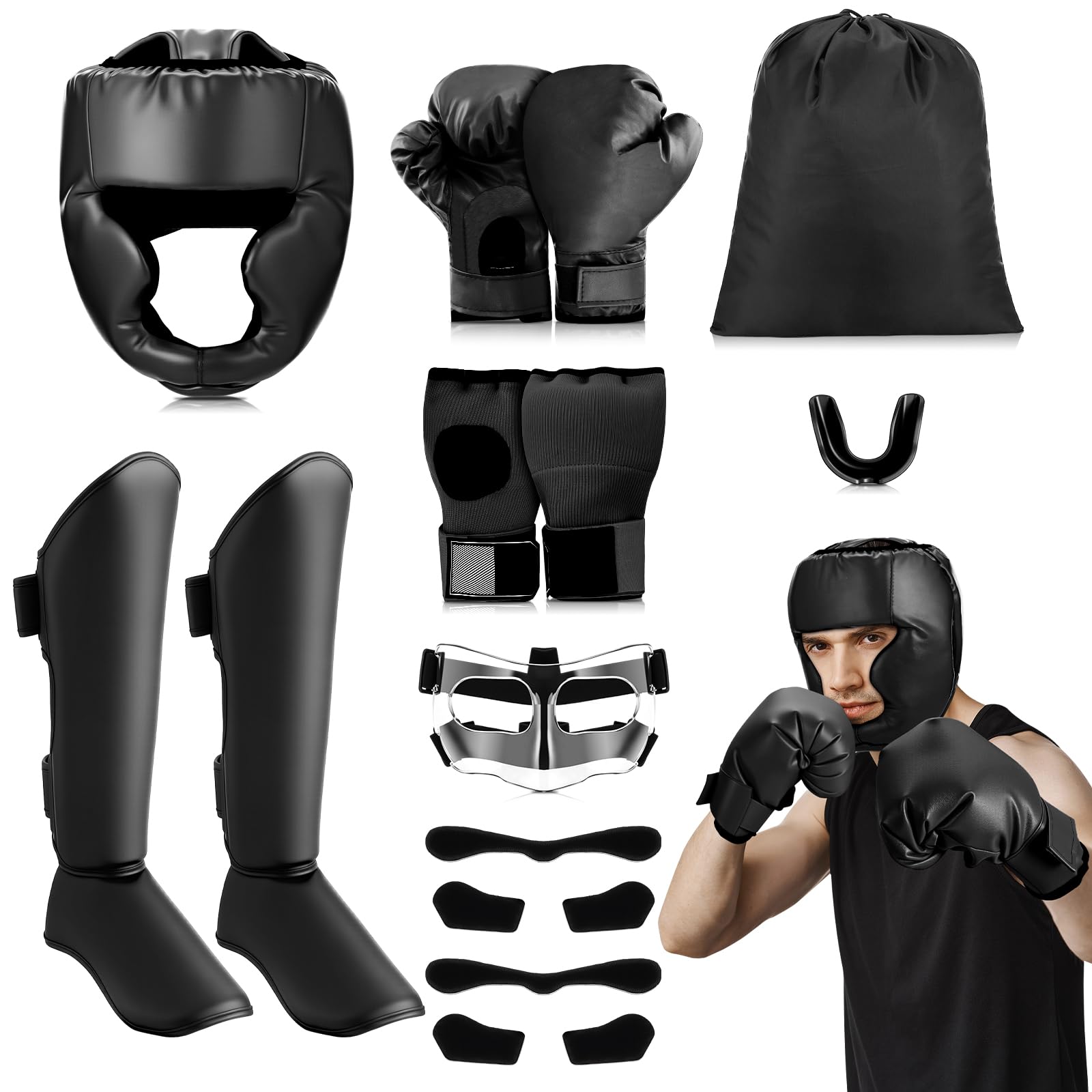Motionchic 7 Pack Boxing Training Equipment Set, Includes Boxing Headgear Gloves Hand Wraps Mouth Guards Shin Guards Nose Guard and Storage Bags,