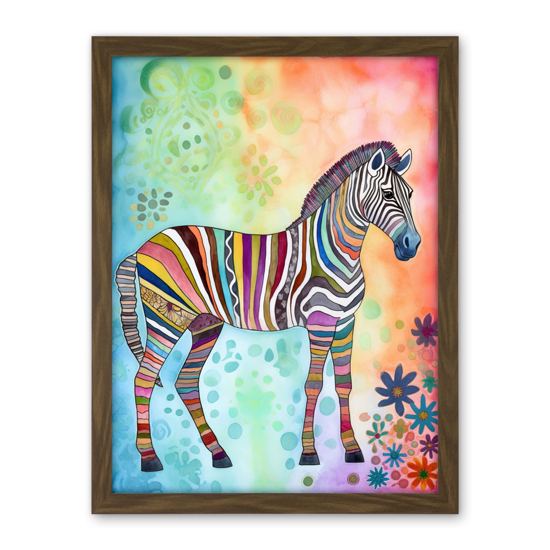 Artery8 Rainbow Floral Zebra Folk Art Artwork Framed Wall Art Print 18X24 Inch