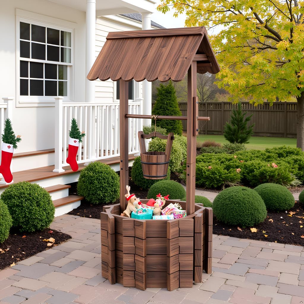 Wishing Wells for Outside,Wooden Wishing Well Planter,Rustic Flower Planter for Garden Patio Lawn Backyard Home Decor-21.7X21.7X47.25IN