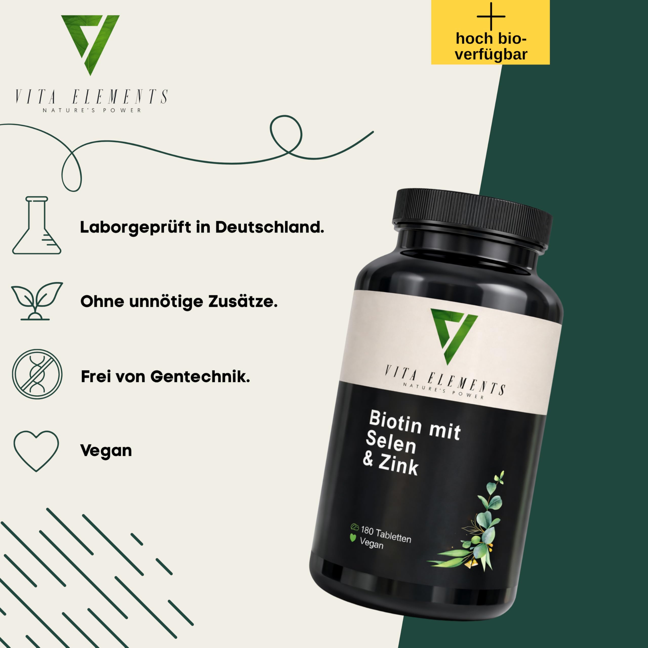 Vita Elements Biotin Selen Zink Komplex - 365 Vegane Tabletten - Jahresvorrat - Hochdosiert - Für Haut Haare Nägel - Laborgeprüft - Ohne Magnesiumstearat
