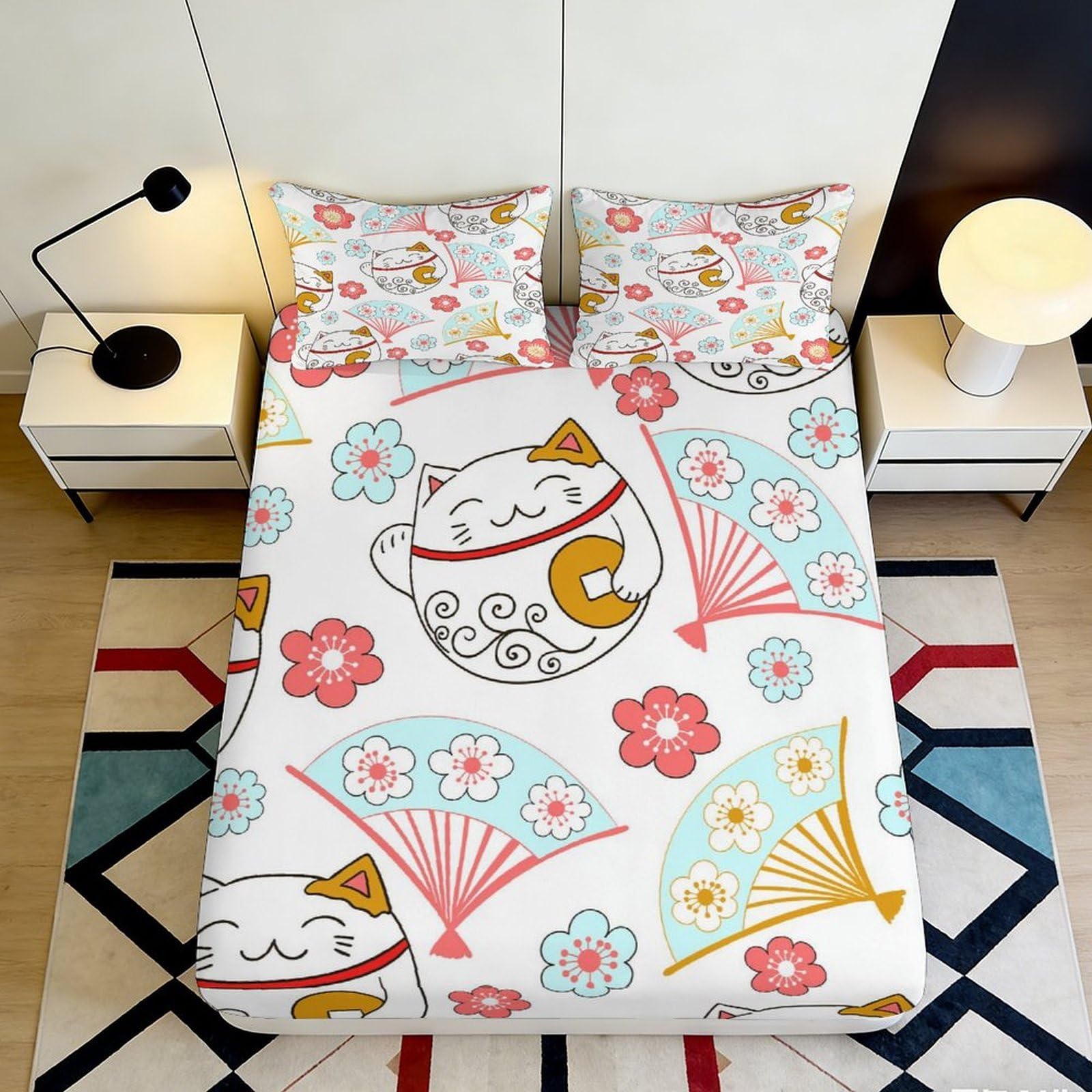 3D Printed Lucky Cat Fitted Sheet, Microfiber Soft Touch, Colourful Fan Pattern, Bedroom Decor, Wrinkle Resistant, Apartment Bedding 120x200x25cm