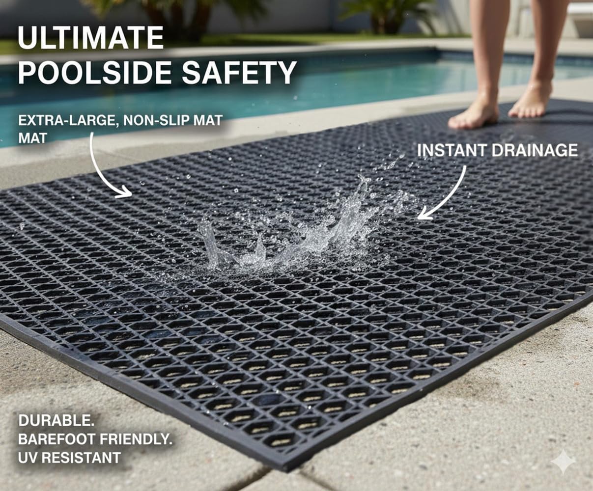 PVC Drainage Floor Mat Non-Slip Commercial Wet Area Mat for Outdoor and Indoor Restaurant Kitchen Bar Swimming Pool Splash Matting Water Drain Flooring Mat,Black, 3FTX10FT