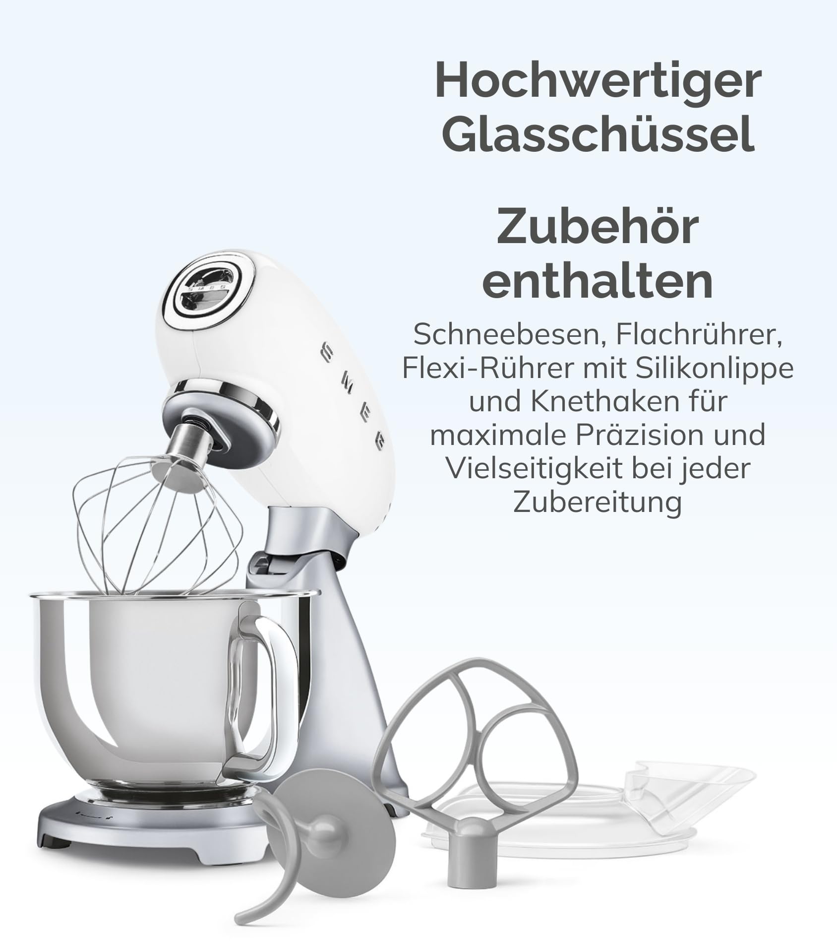 Smeg, Küchenmaschine SMF04CREU, 10 Geschwindigkeitsstufen, Smooth Start System- und Gleichlauffunktion, 4,8-Liter-Rührschüssel, Motorsicherung, inklusive 2 Schneebesen und Knethaken, 800 W, Creme