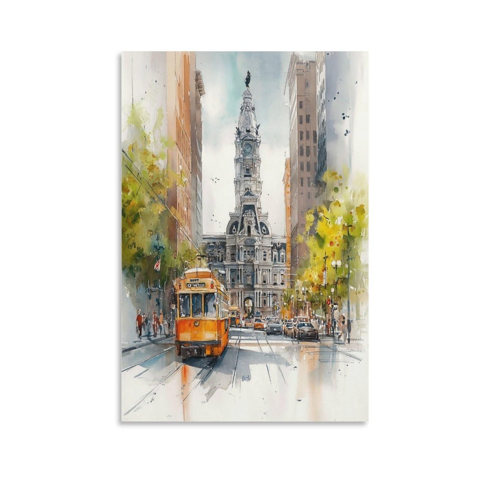 XWYMXZ Philadelphia City Hall 20x30inch(50x75cm) Vintage Travel Poster Watercolor Canvas Art