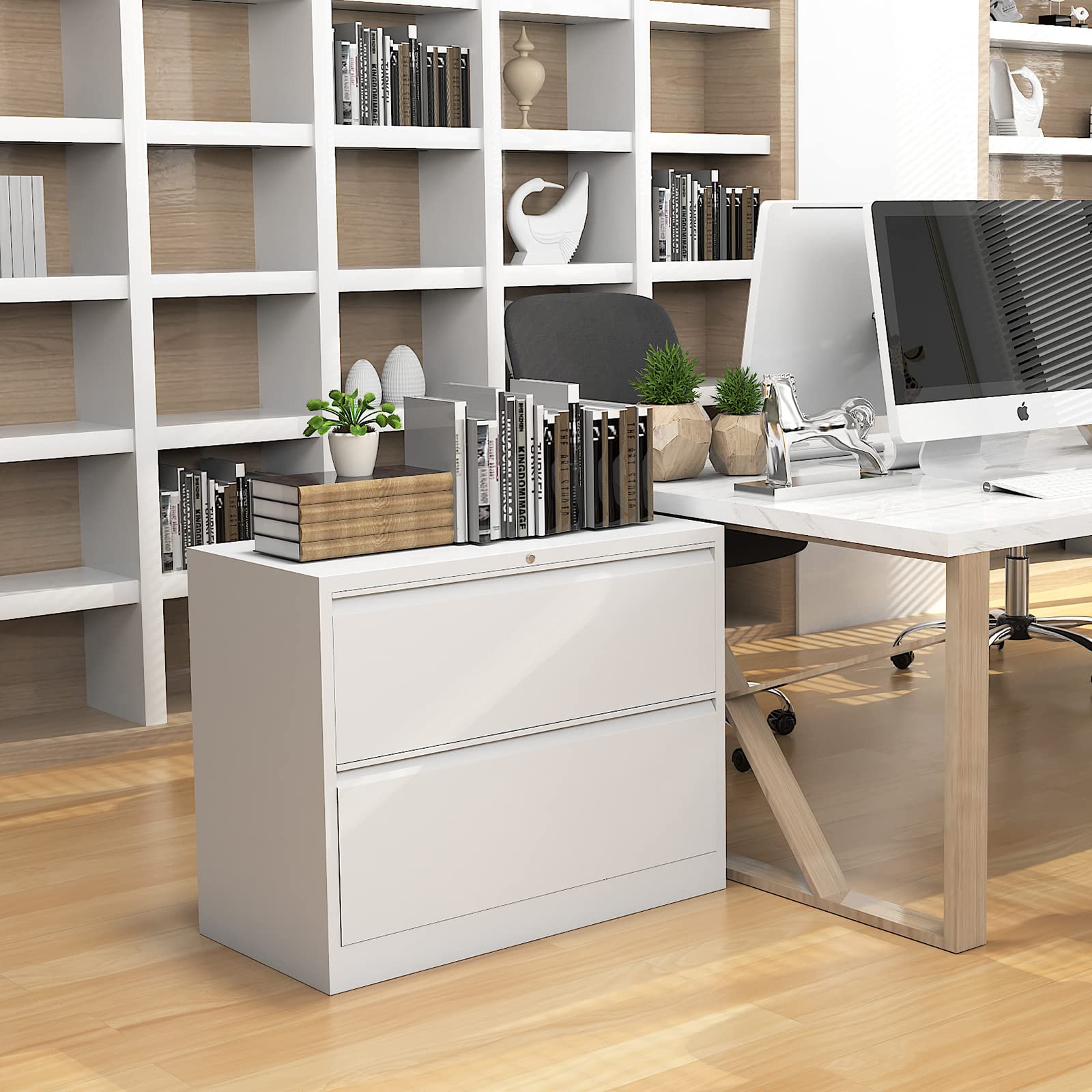 Armoire de Bureau en Acier - Commode 2 Tiroirs, Buffet, Placard de Rangement - Meuble de Classement pour Chambre, Salon, Entrée - 90x40x103 cm Blanc
