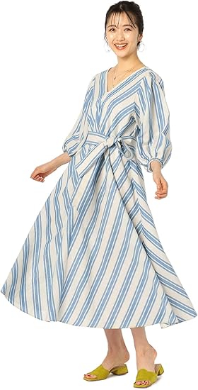 Amazon Co Jp ノーリーズ Nolley S 麻混ワイドストライプワンピース 1 0035 1 07 003 38 ブルー系その他3 服 ファッション小物