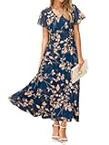 Simplee Womens Floral Maxi Dress Short Sleeve Summer Boho Wedding Guest Dress Empire Waist Chiffon Modest Midi Dresses