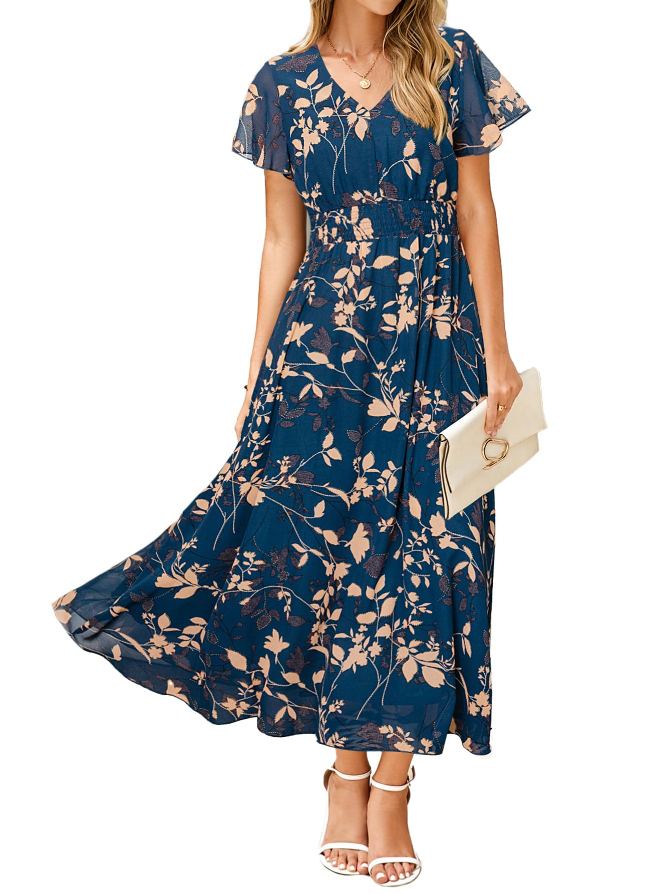Simplee ApparelSimplee Womens Floral Maxi Dress Short Sleeve Summer Boho  Wedding Guest Dress Empire Waist Chiffon Modest Midi Dresses