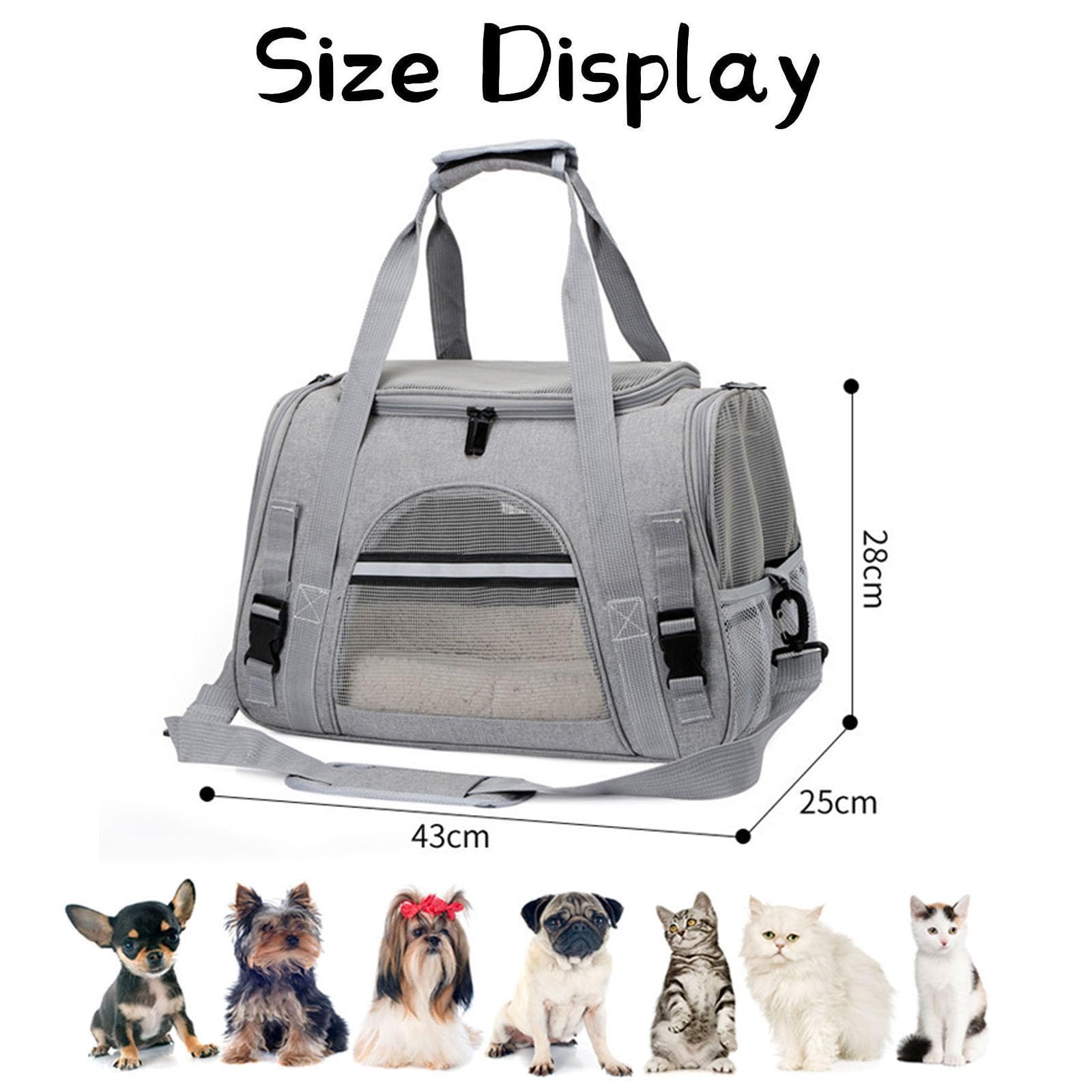 Transportin Gato Perro Pequeño, Bolsa Transporte Mascotas Transportin Gato Plegable Transpirable Duradera Bolsa de Transporte para Cachorros y Gatitos, Viaje, Paseo (43x28x25CM,Negro Gris)
