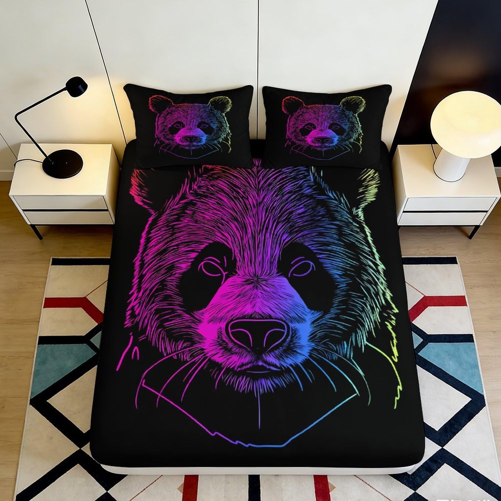 Pnayamiorkfel Style-2 3D Printed Neon Panda Fitted Sheet Microfiber Anti-Slip Easy Care Bed Cover For Bedroom Dorm Guest Room Decor 90X200x25cm