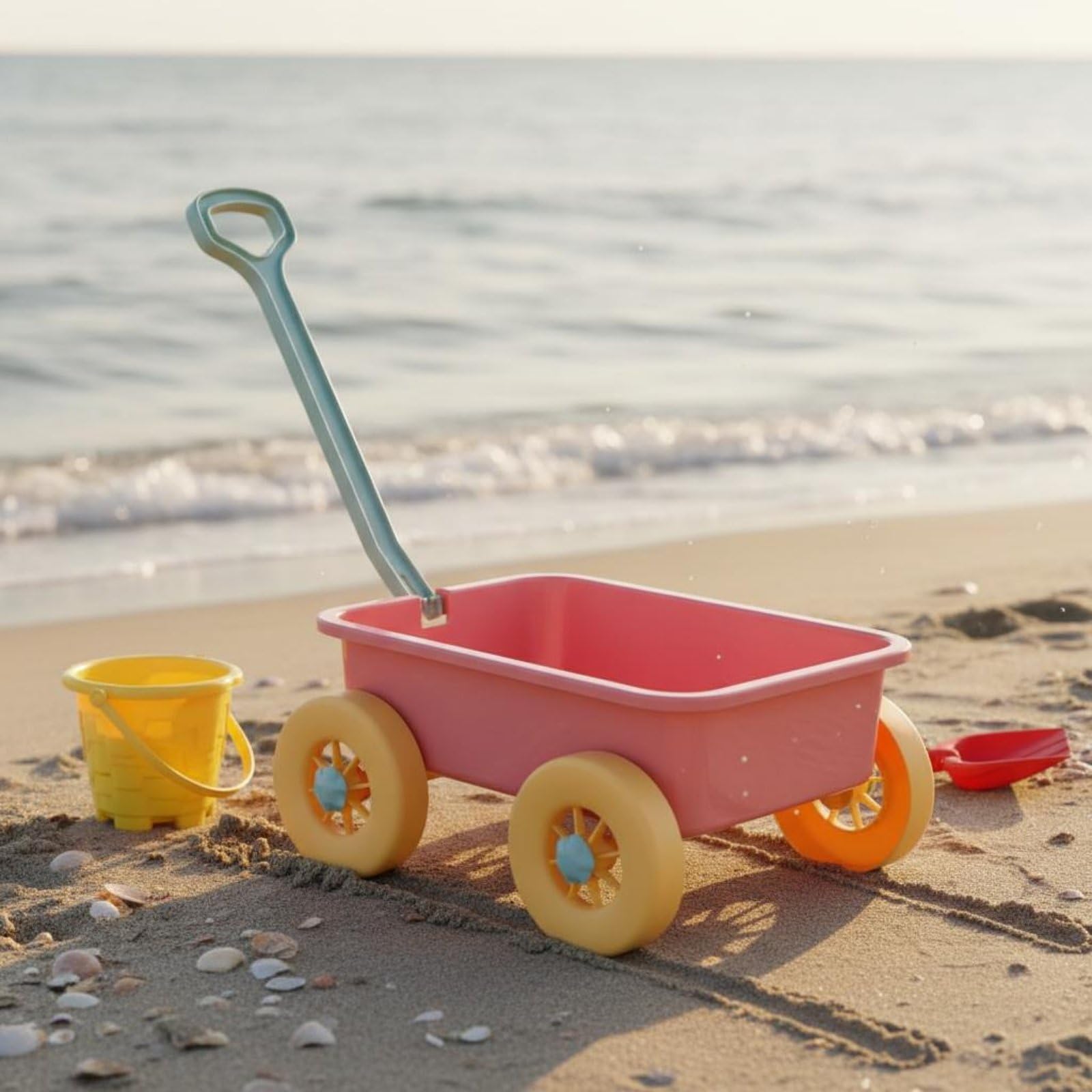 Kinder Sandwagen Handziehwagen Spielset Tragbarer Sandwagen Funktion für Sommerferien Gartenspielplatz, Koreanischer Originalstil, Olivgrün