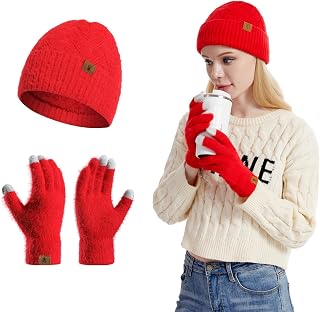 Mütze Handschuhe Set für Damen Warme Touchscreen Handschuhe und Strickmützen mit Fleece Innen für Damen