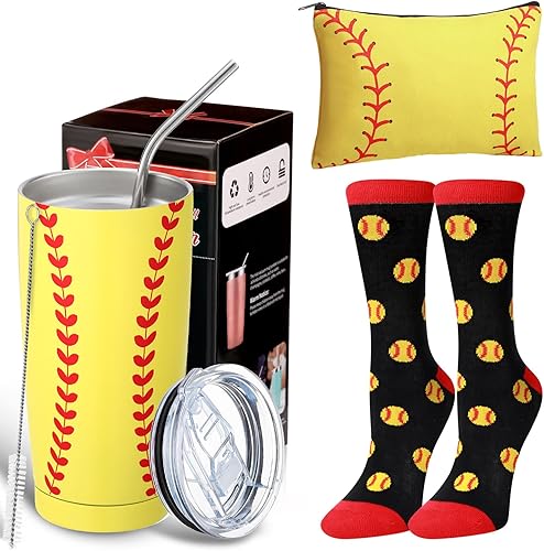 3 piezas de regalos novedosos de sóftbol para mujeres, hombres y adolescentes, vaso de acero inoxidable aislado al vacío de 20 onzas con tapa,